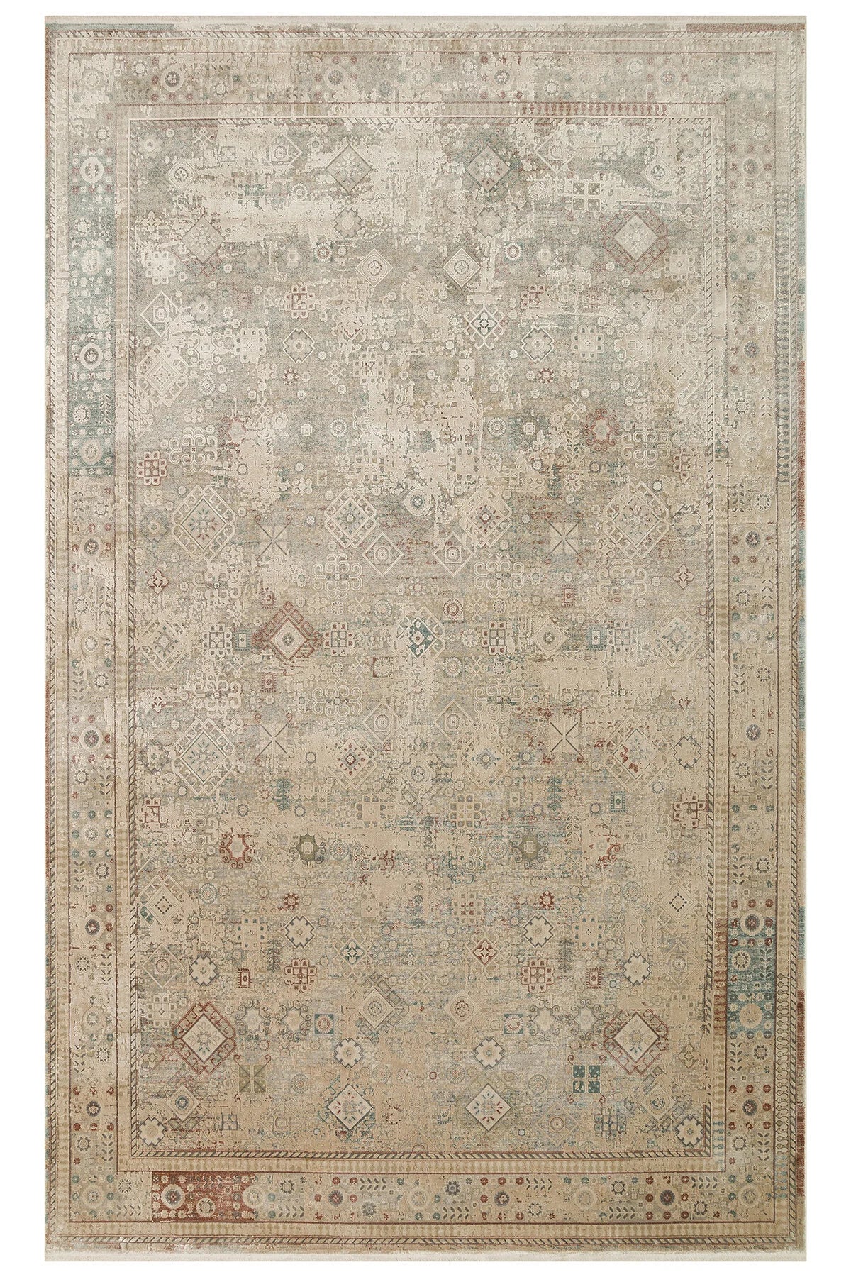 Toscana Etnik Desenli Bej Vintage OverDyed Klasik Dokuma Rayon Viskon Yumuşak Dokulu Salon Halısı