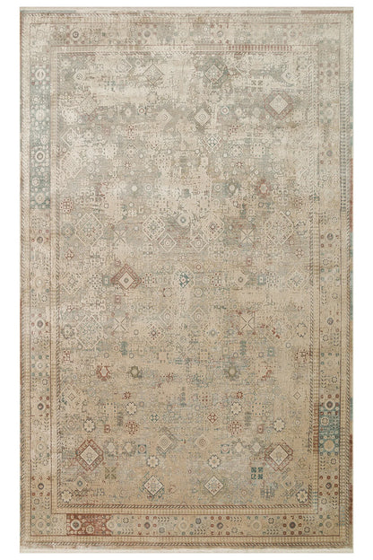 Toscana Etnik Desenli Bej Vintage OverDyed Klasik Dokuma Rayon Viskon Yumuşak Dokulu Salon Halısı