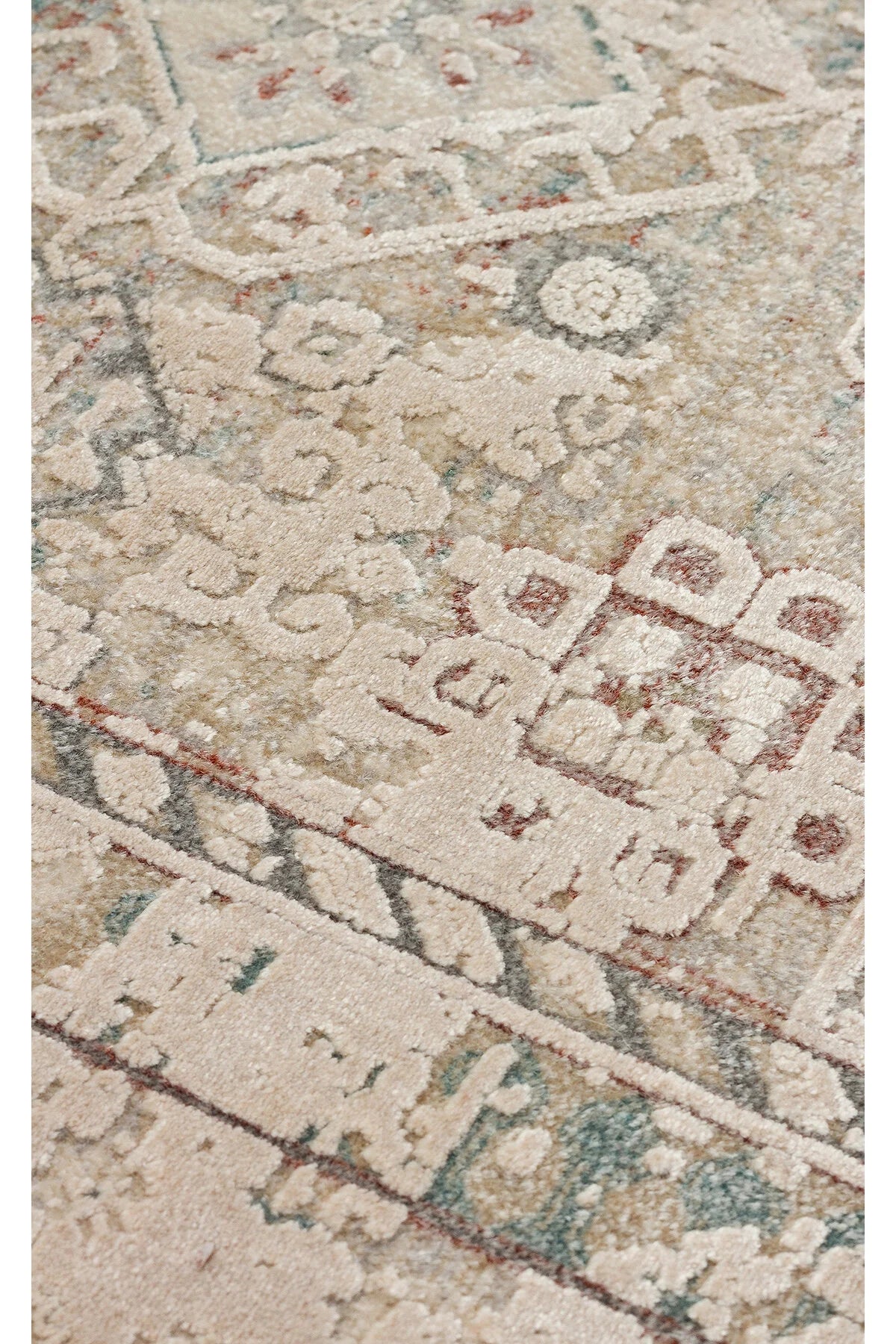 Toscana Etnik Desenli Bej Vintage OverDyed Klasik Dokuma Rayon Viskon Yumuşak Dokulu Salon Halısı