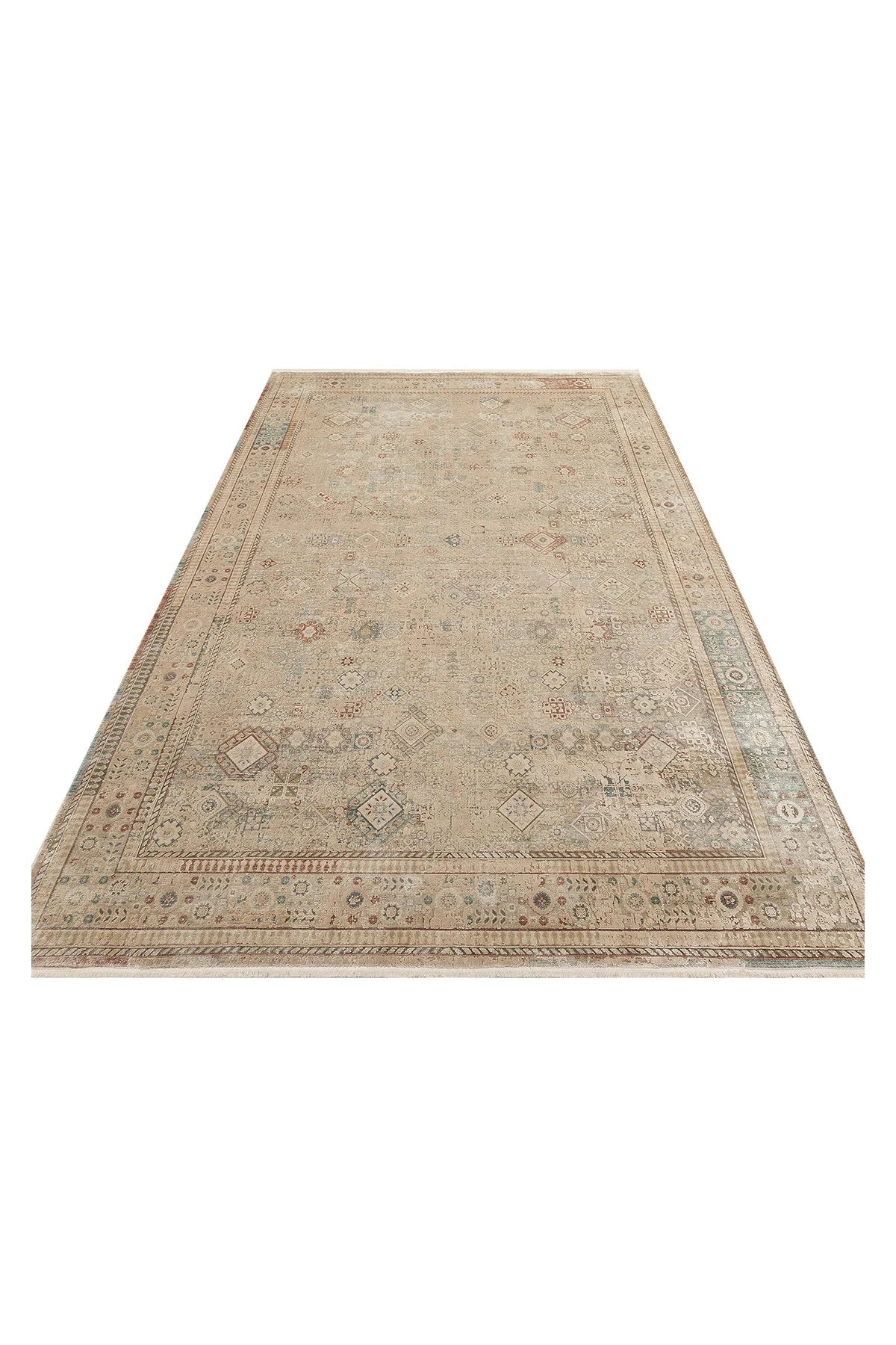 Tuscan Ethnic Patterned Beige Vintage OverDyed Classic Woven Rayon Viscose Soft Textured Living Room Rug
