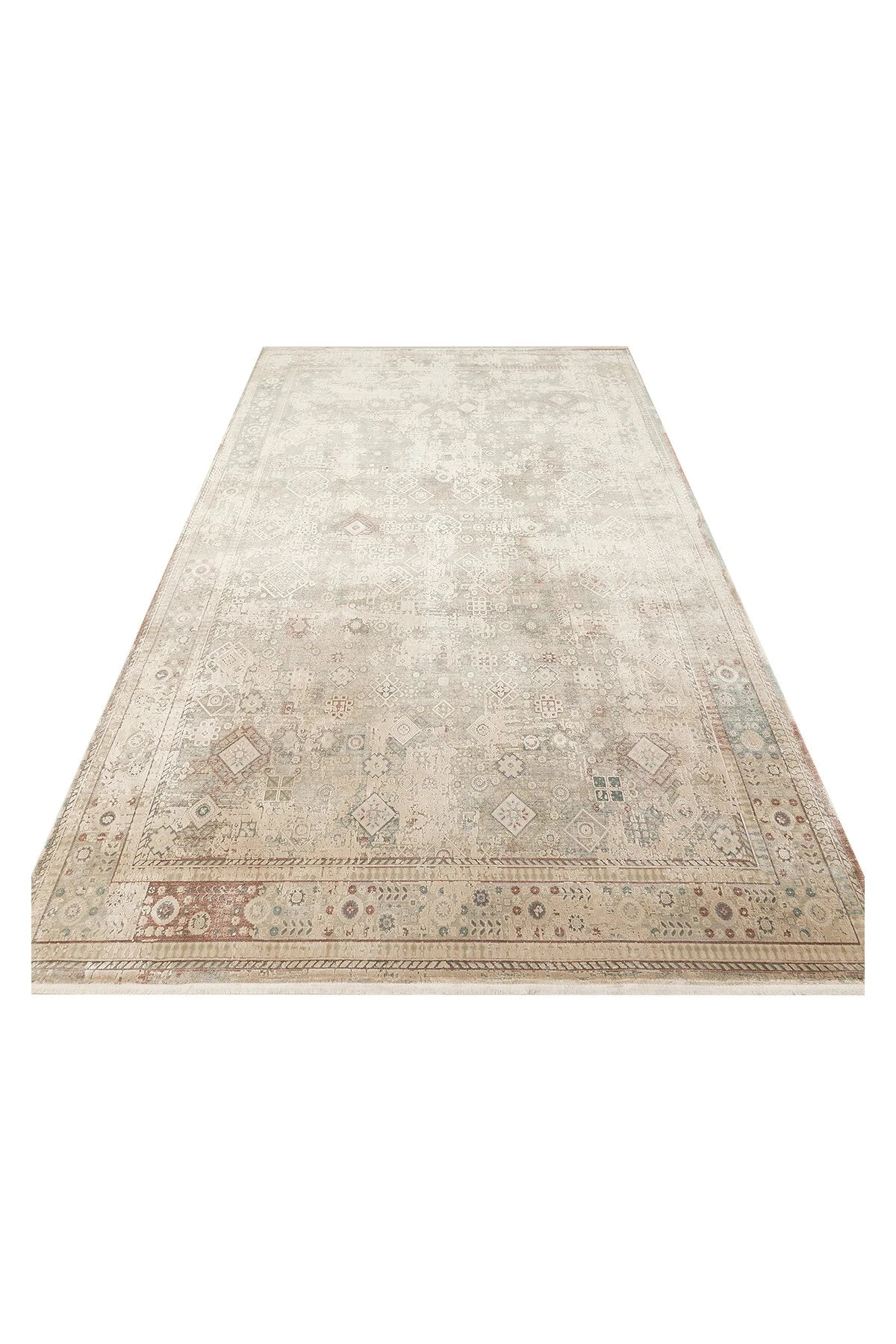 Tuscan Ethnic Patterned Beige Vintage OverDyed Classic Woven Rayon Viscose Soft Textured Living Room Rug