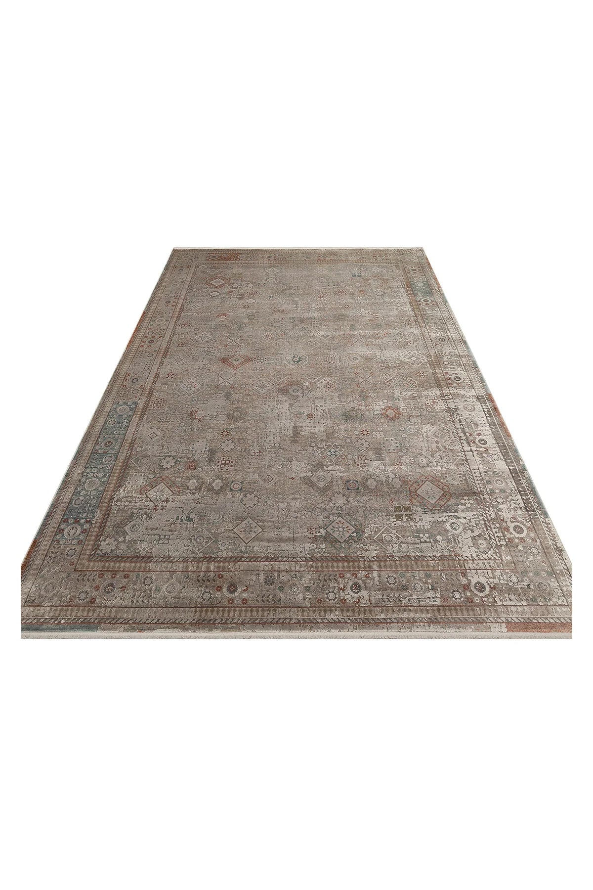 Toscana Etnik Desenli Gri Vintage OverDyed Klasik Dokuma Rayon Viskon Yumuşak Dokulu Salon Halısı