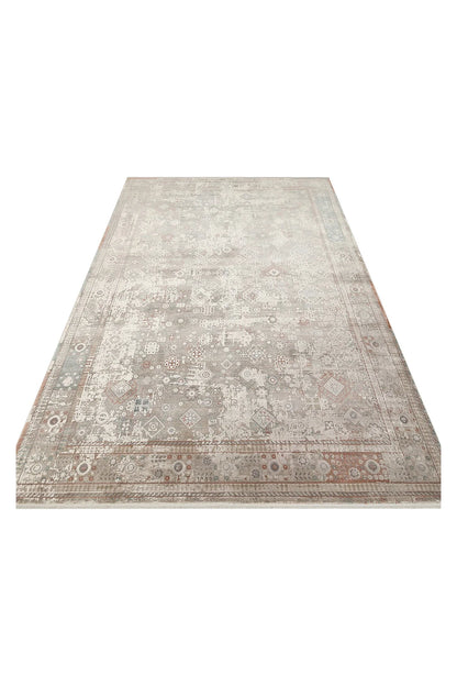 Toscana Etnik Desenli Gri Vintage OverDyed Klasik Dokuma Rayon Viskon Yumuşak Dokulu Salon Halısı