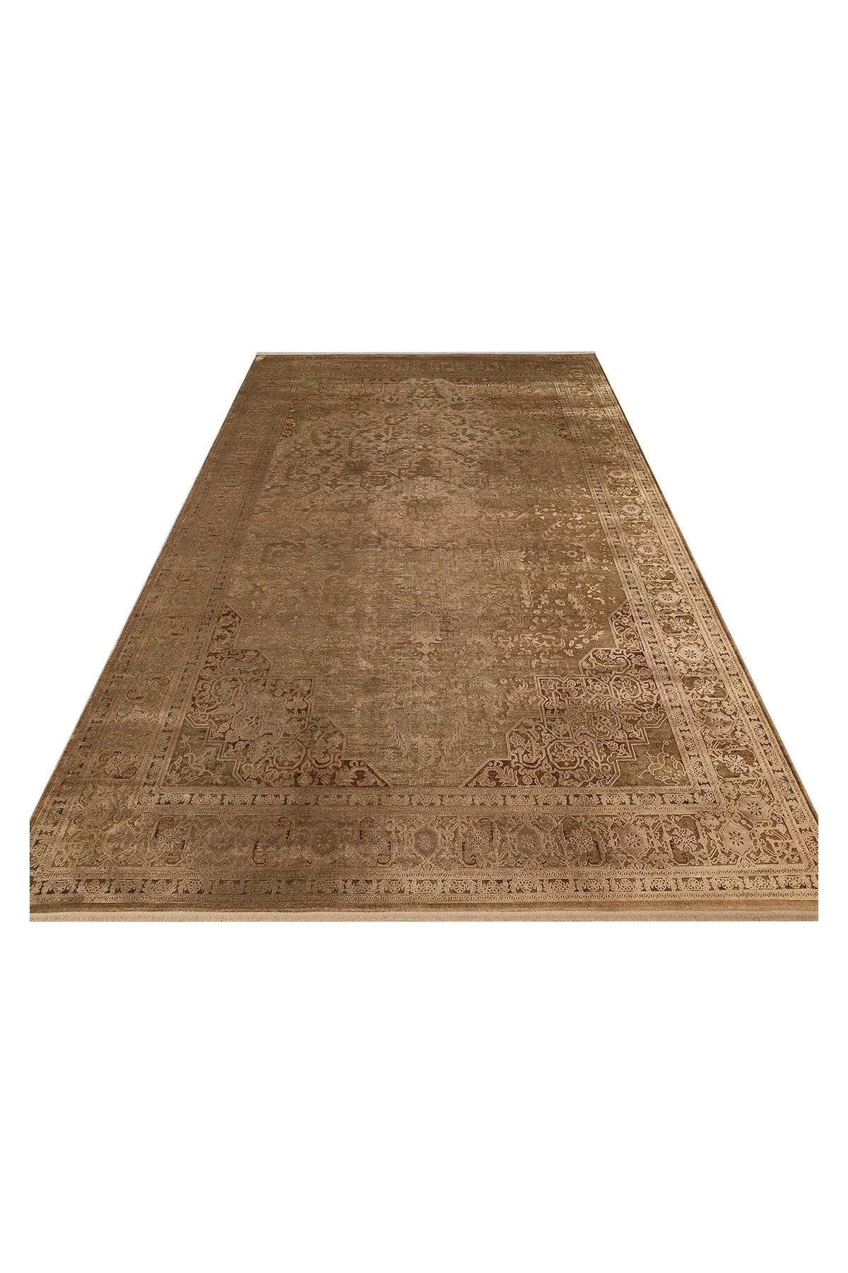 Toscana Retro Desenli Kahverengi Overdyed, Yumuşak Tuşeli Klasik Rayon Viskon Dokuma Salon Halısı