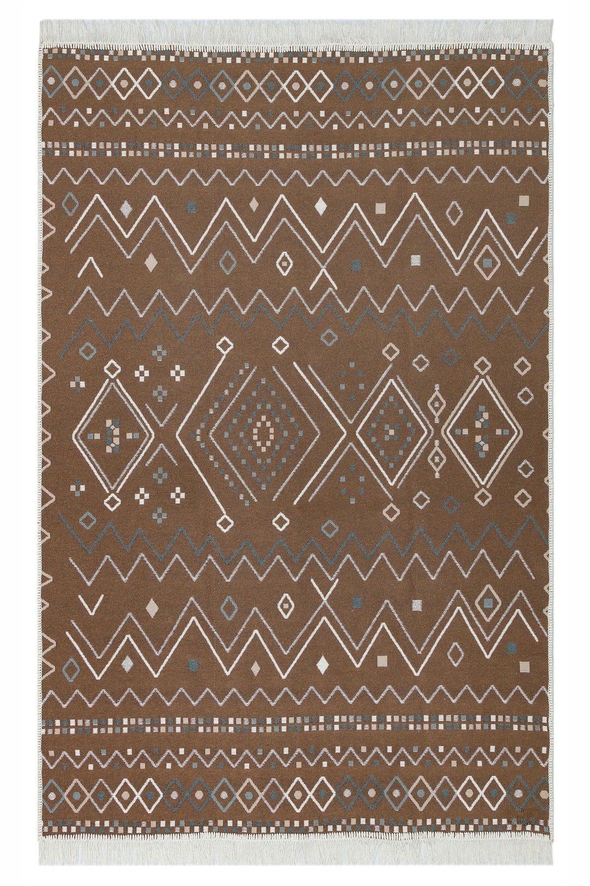 Modern Patterned Woven Washable Double Sided Cotton Beige Blue Rug Living Room Kitchen Hallway