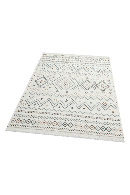 Modern Patterned Woven Washable Double Sided Cotton Beige Blue Rug Living Room Kitchen Hallway