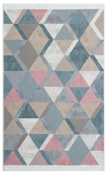 Modern Patterned Woven Washable Double Sided Cotton Blue Pink Rug Living Room Kitchen Hallway