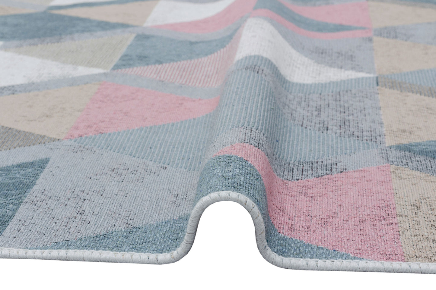 Modern Patterned Woven Washable Double Sided Cotton Blue Pink Rug Living Room Kitchen Hallway