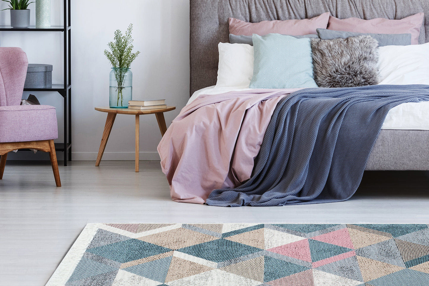 Modern Patterned Woven Washable Double Sided Cotton Blue Pink Rug Living Room Kitchen Hallway