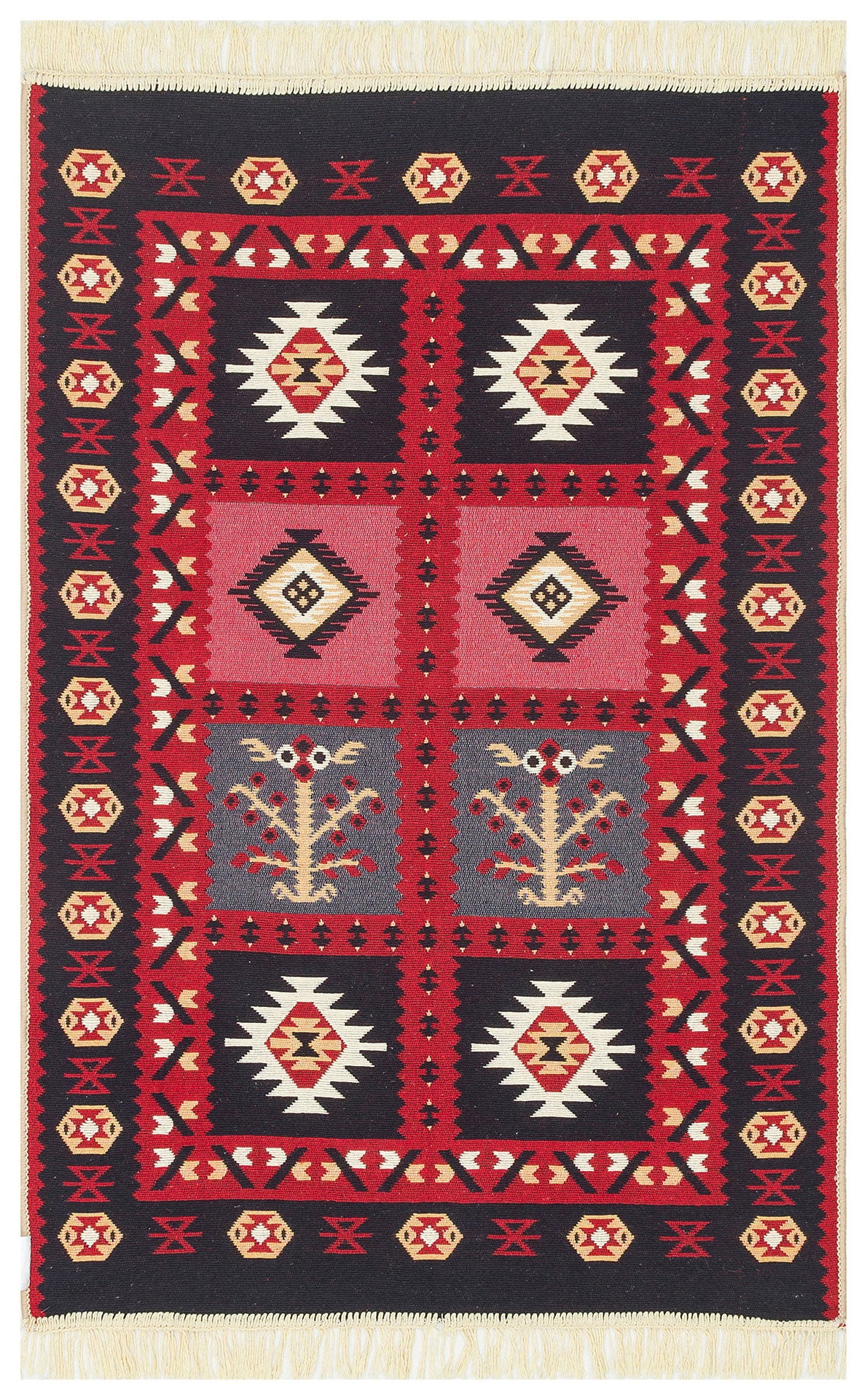 Modern Desenli Dokuma Yıkanabilir Çift Taraflı Pamuk Kırmızı Kilim