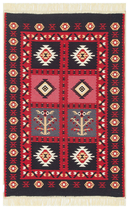 Modern Desenli Dokuma Yıkanabilir Çift Taraflı Pamuk Kırmızı Kilim