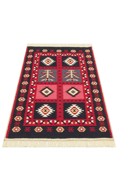 Modern Patterned Woven Washable Double Sided Cotton Red Rug