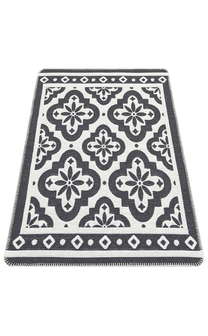 Modern Patterned Woven Washable Double Sided Cotton Anthracite Written Kitchen Room Rug